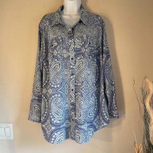 Talbots Blue Paisley Crepe Button Front Shirt Plus 2X Elegant & Lightweight